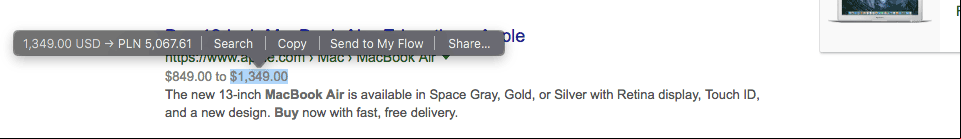 Opera Converters feature. USD to PLN example from Google Search result.