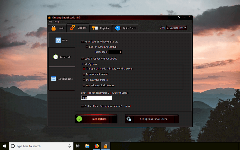 Desktop Secret Lock Options Window